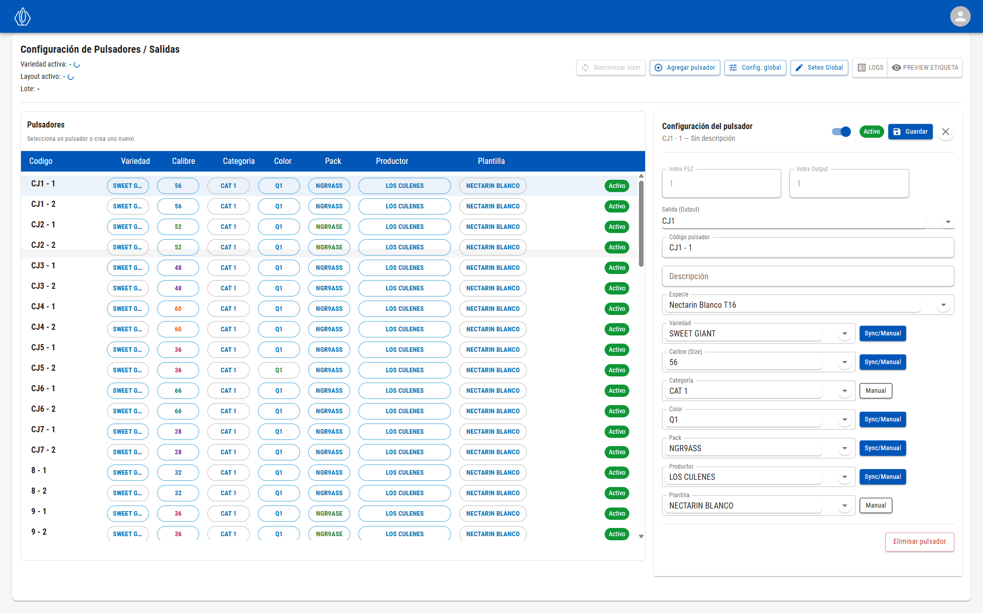 Configuración de etiquetado - Salidas y pulsadores con datos