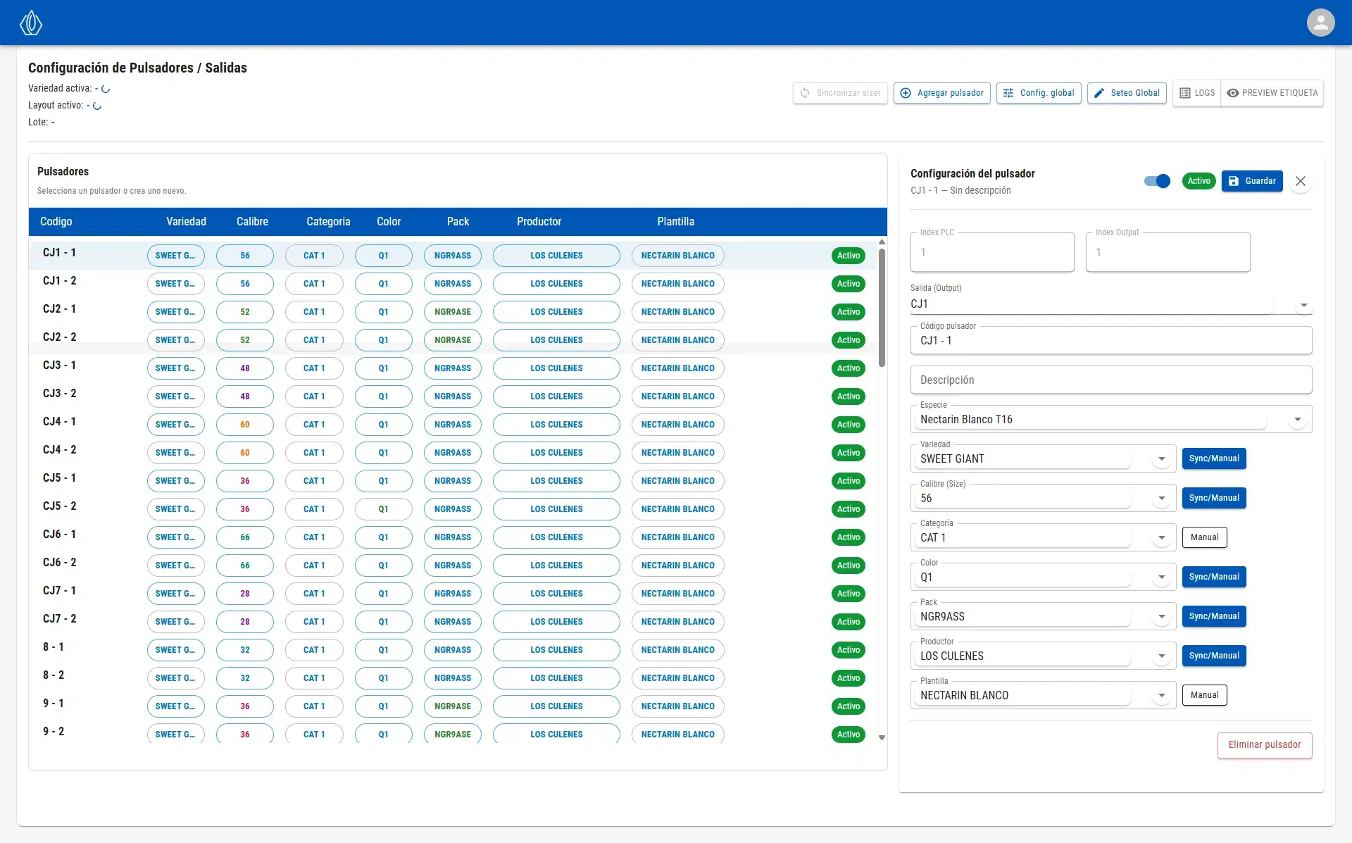 Configuración de etiquetado - Salidas y pulsadores con datos