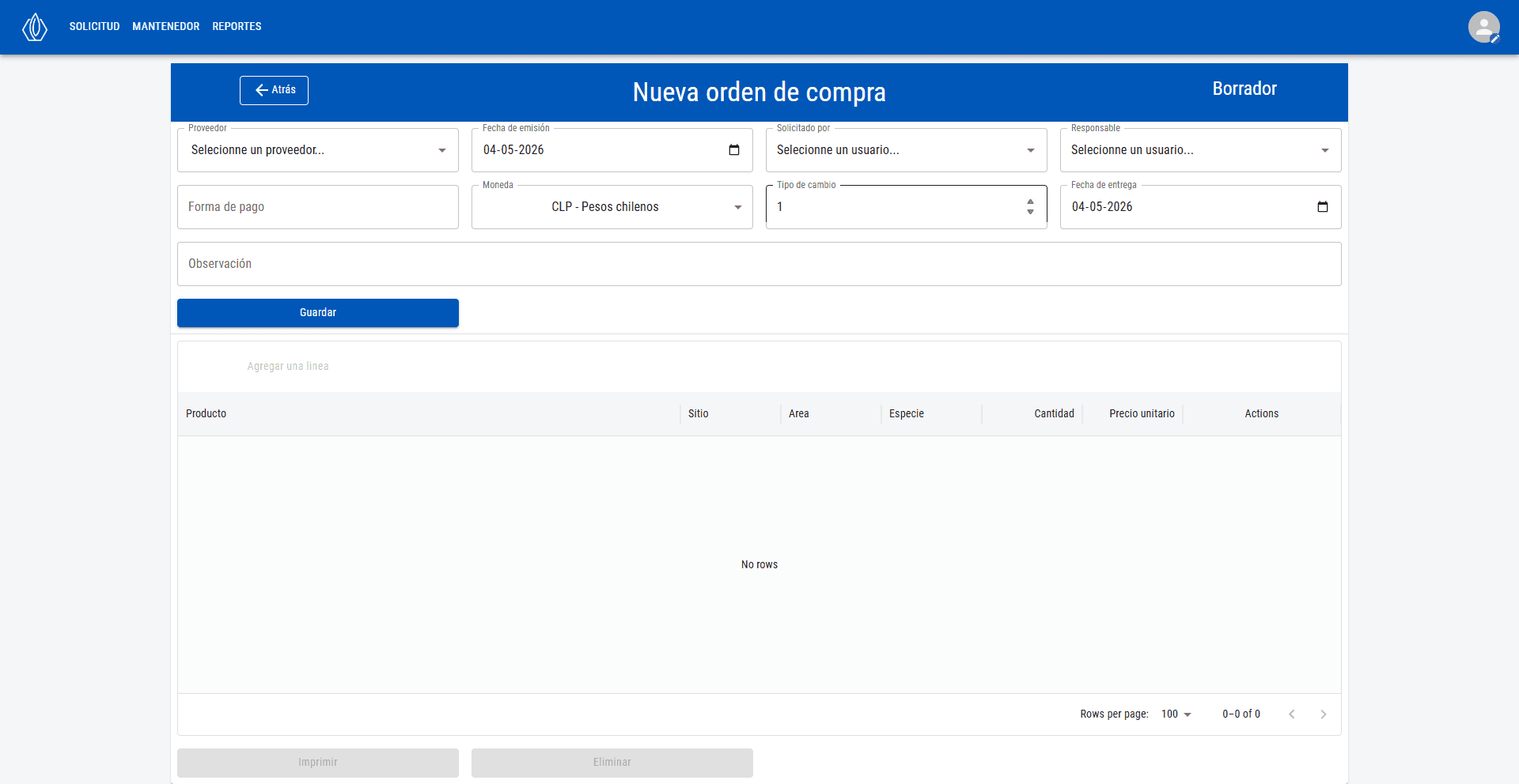 Daia ERP - Orden de compra